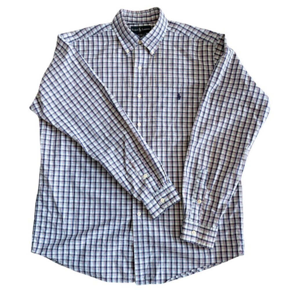 Ralph Lauren Button Down Plaid Long Sleeve Business Custom Fit Blue Size Large
